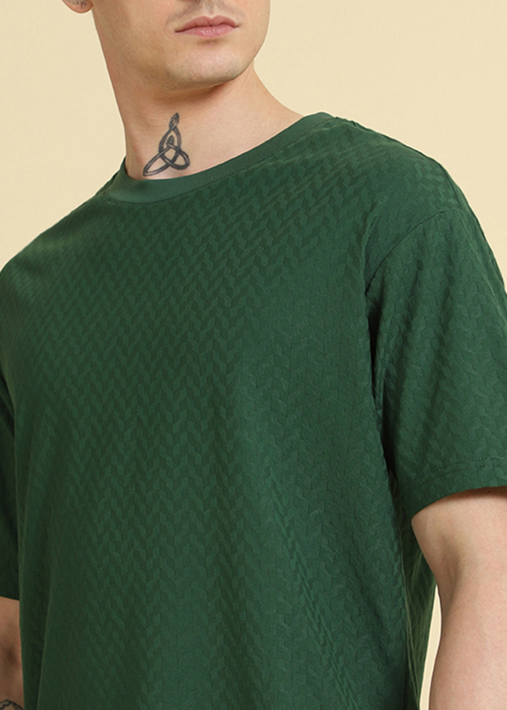 Green Plain Textured Weave Oversized T-shirt