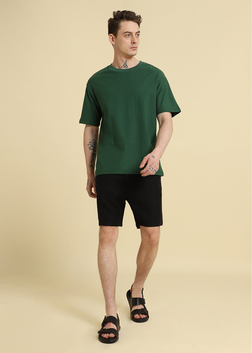 Green Plain Textured Weave Oversized T-shirt