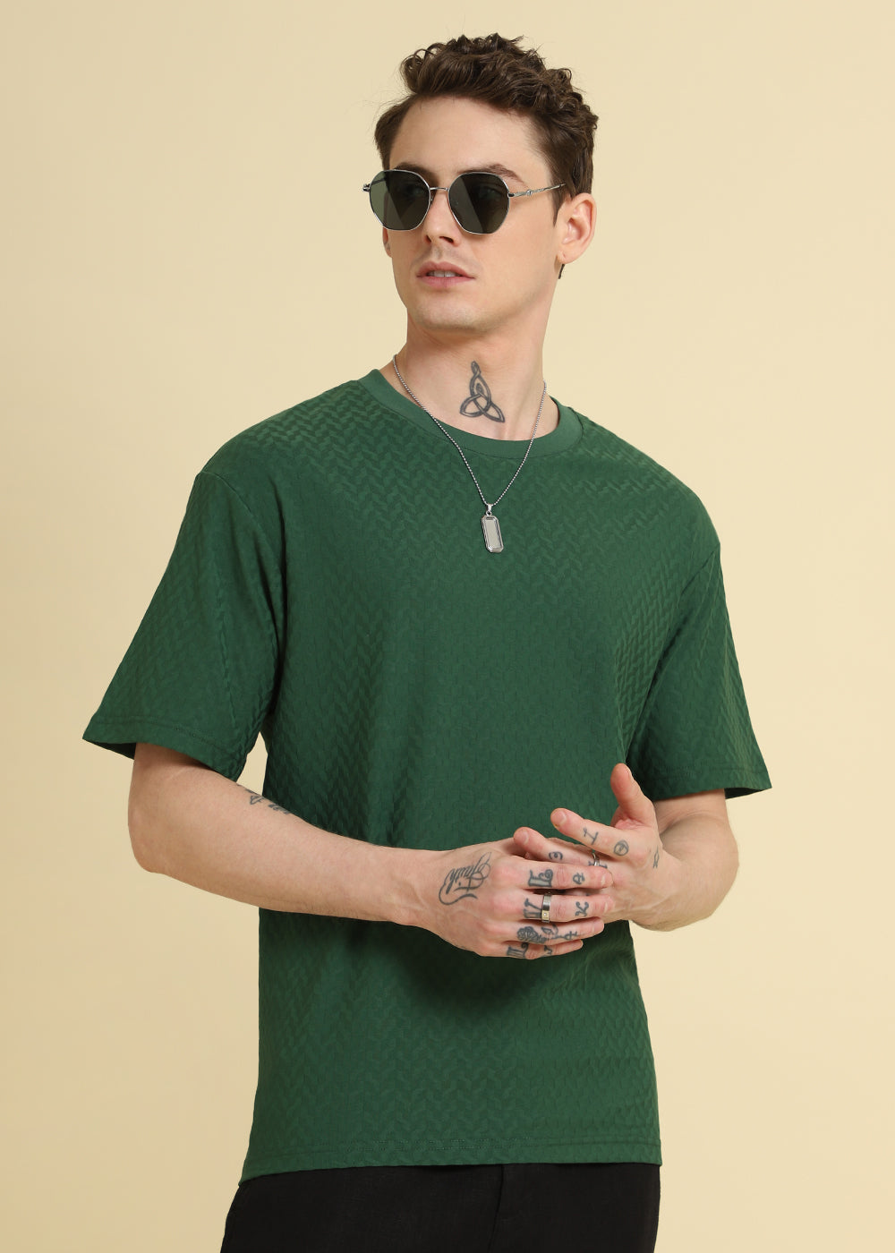 Green Plain Textured Weave Oversized T-shirt