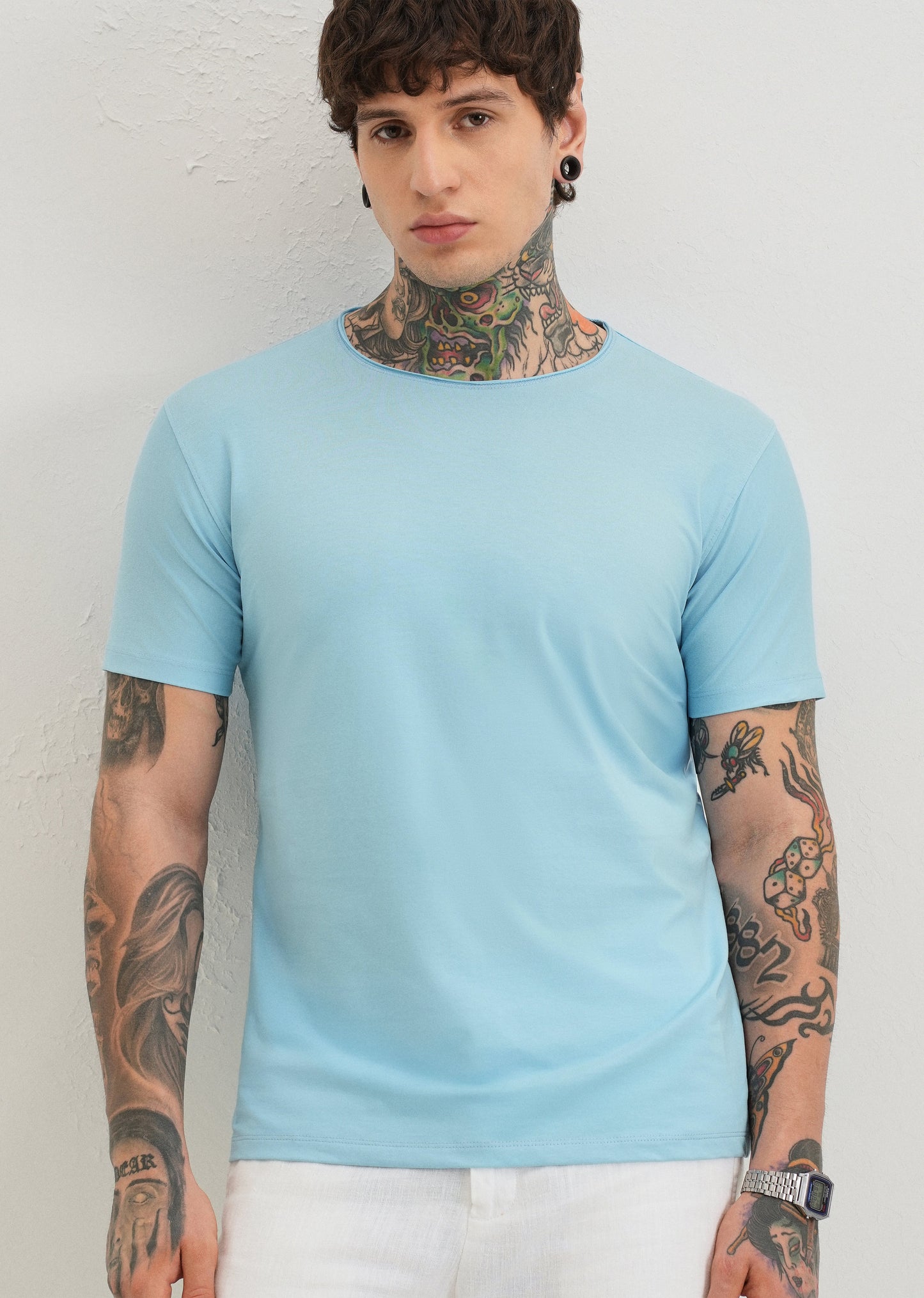 Light Blue Plain Crew neck T-shirt