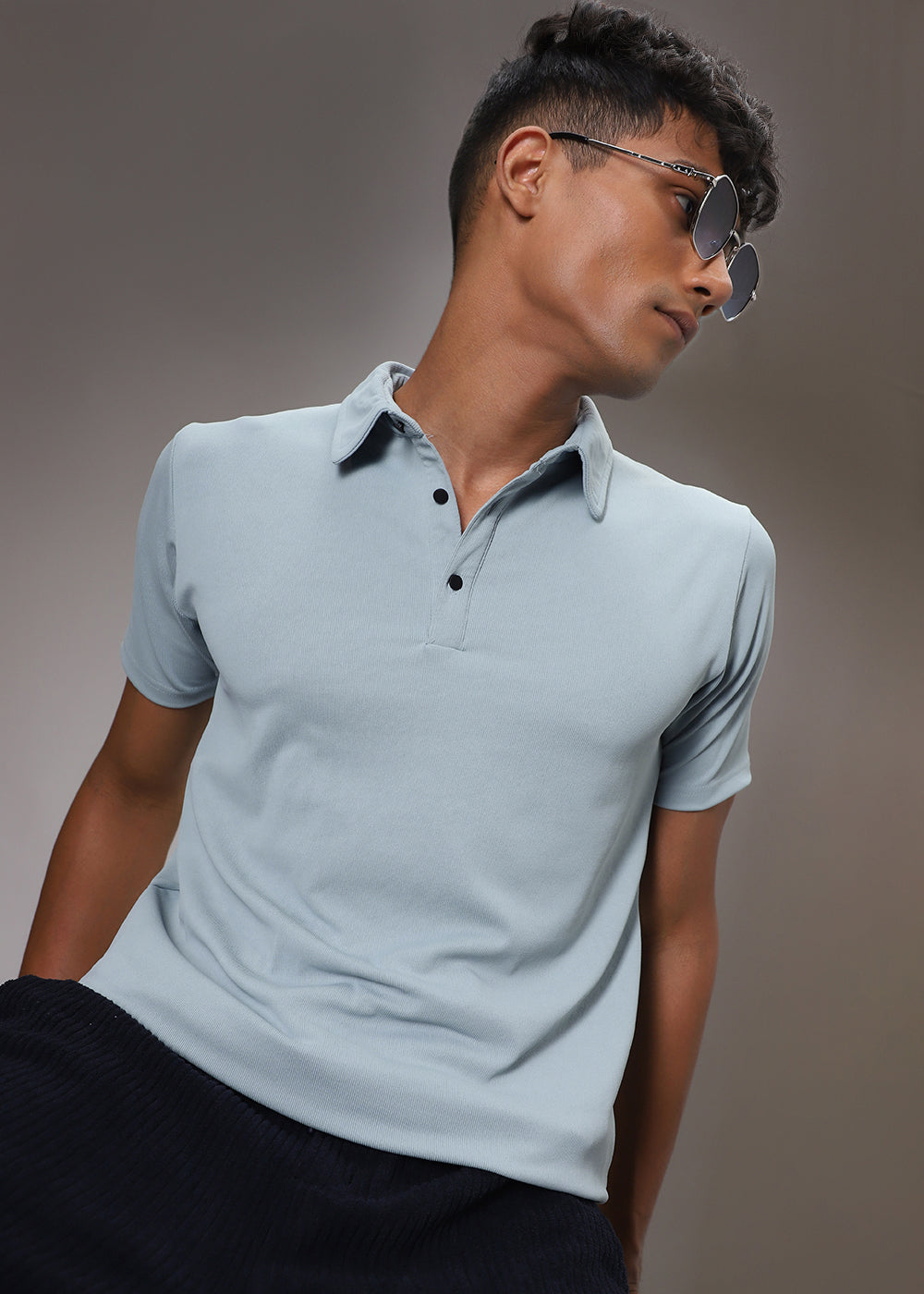 Light Blue Plain Ribbed Polo T-shirt