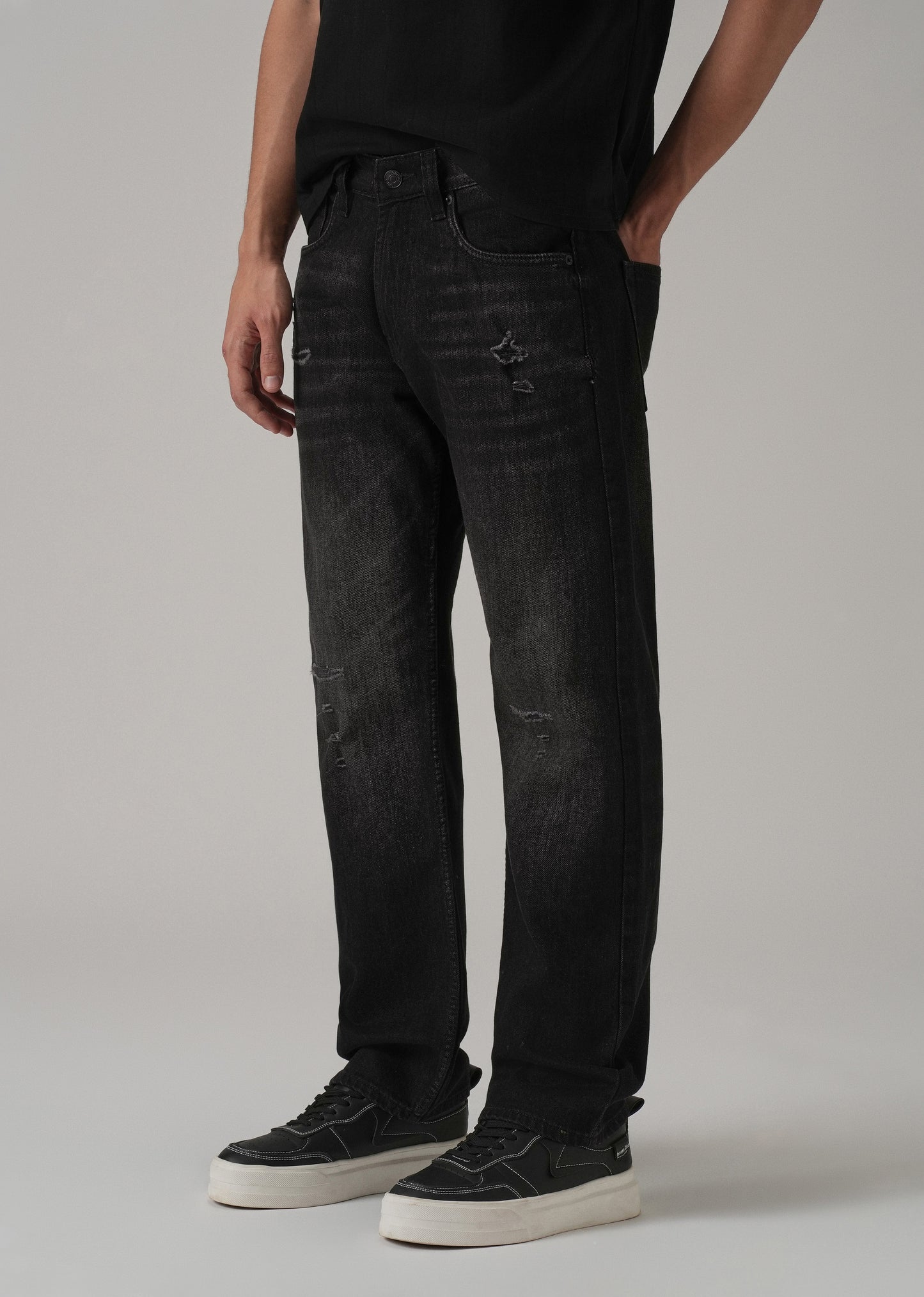 Low Fade Ribbed Black Straight Fit Jeans