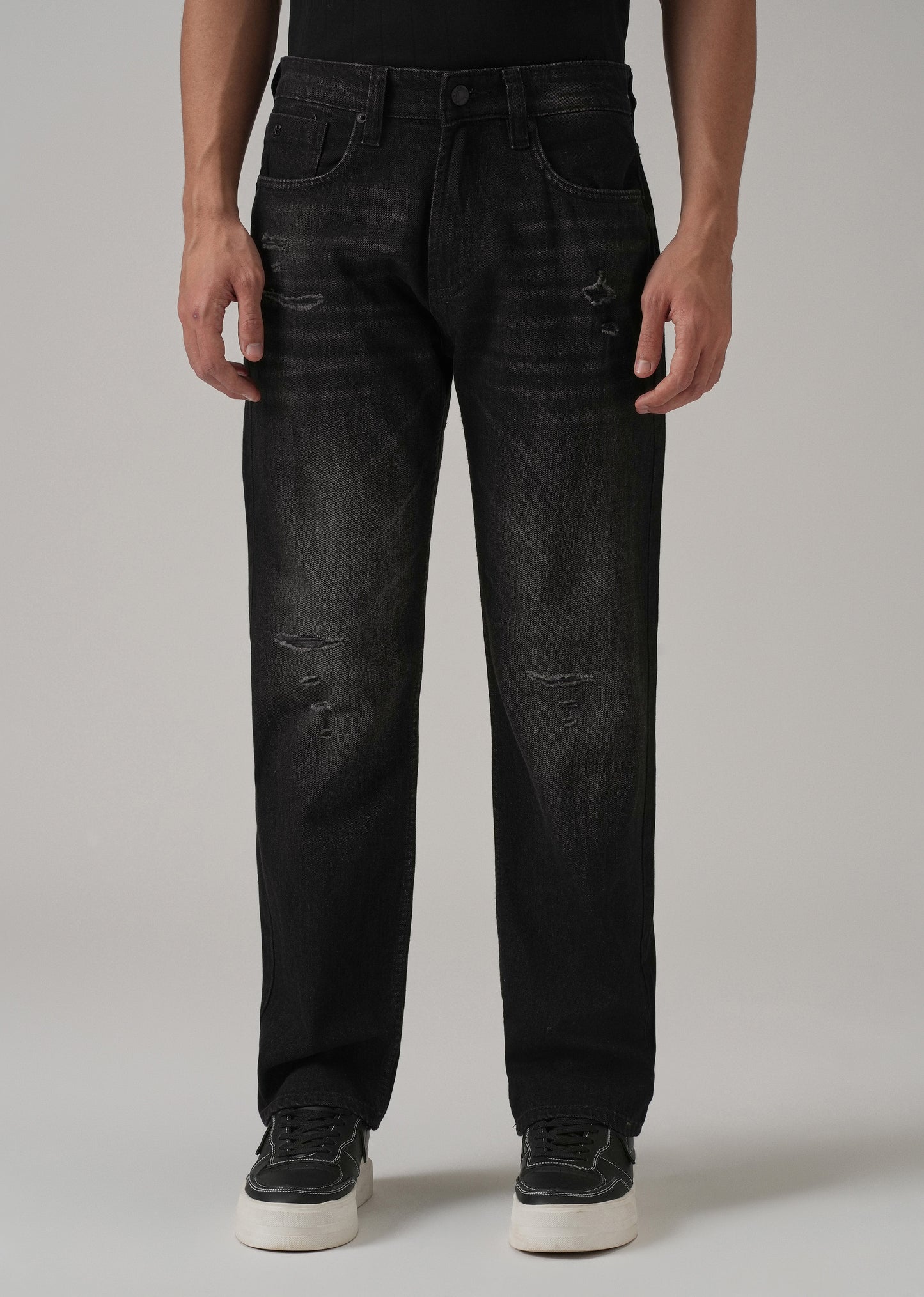 Low Fade Ribbed Black Straight Fit Jeans