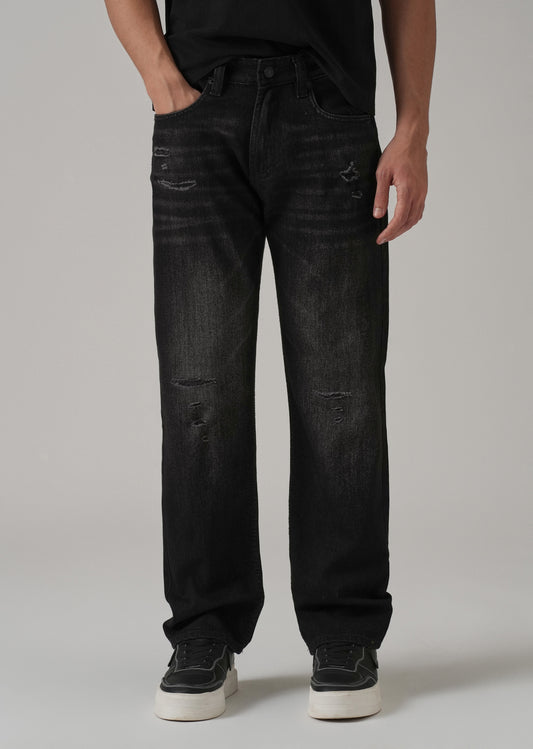 Low Fade Ribbed Black Straight Fit Jeans