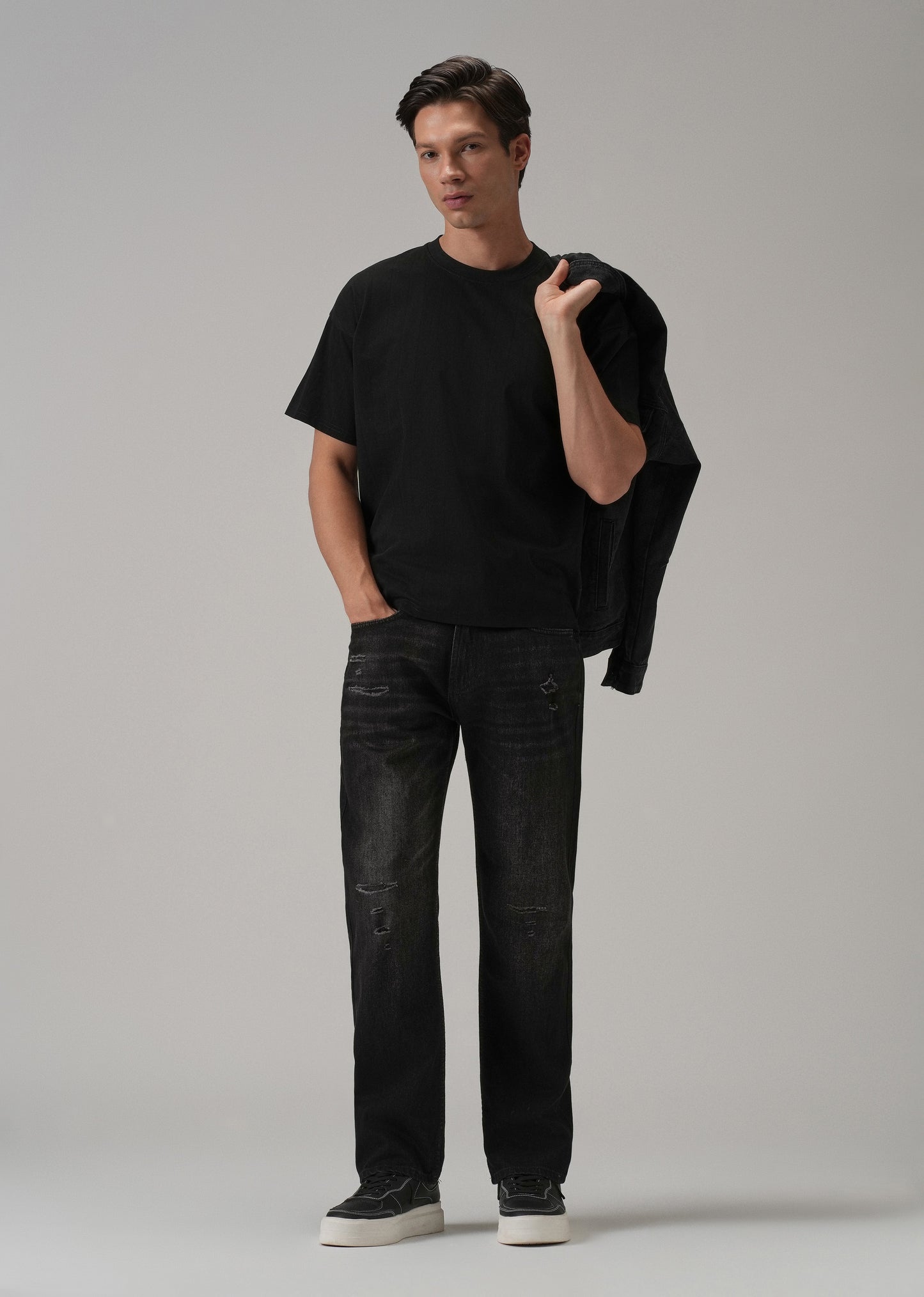 Low Fade Ribbed Black Straight Fit Jeans
