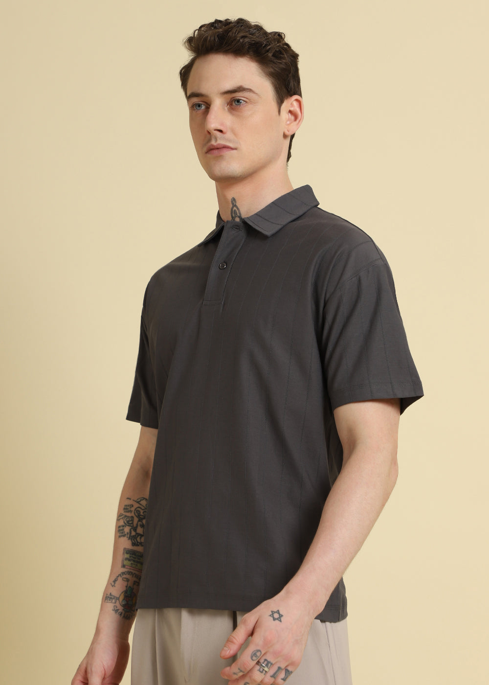 Magnetic Grey Plain Striped Polo T-shirt