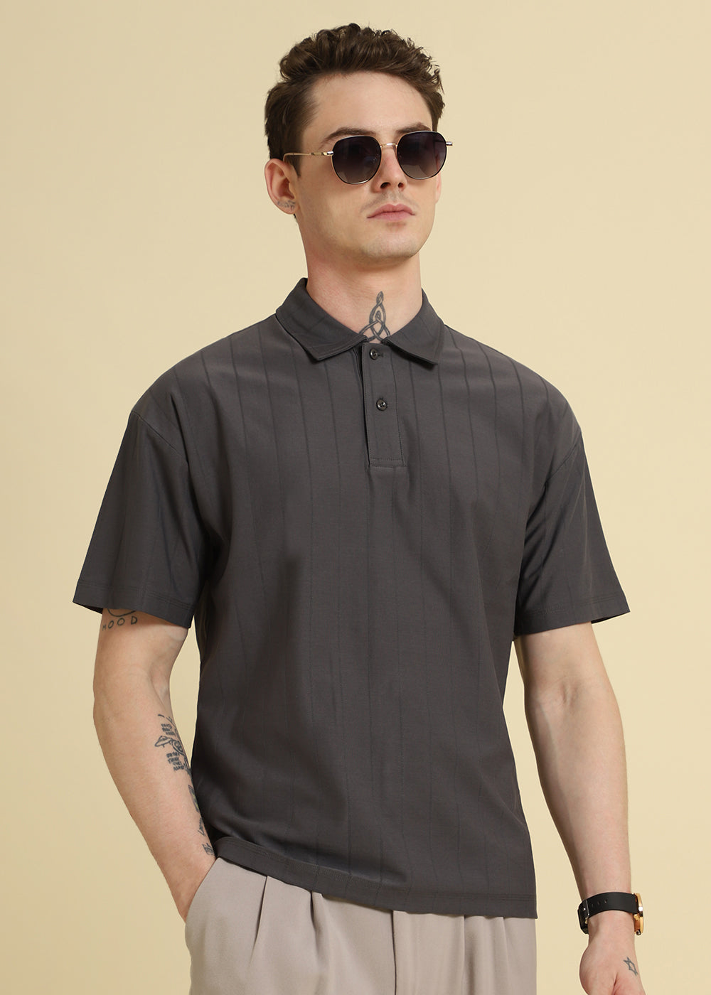 Magnetic Grey Plain Striped Polo T-shirt