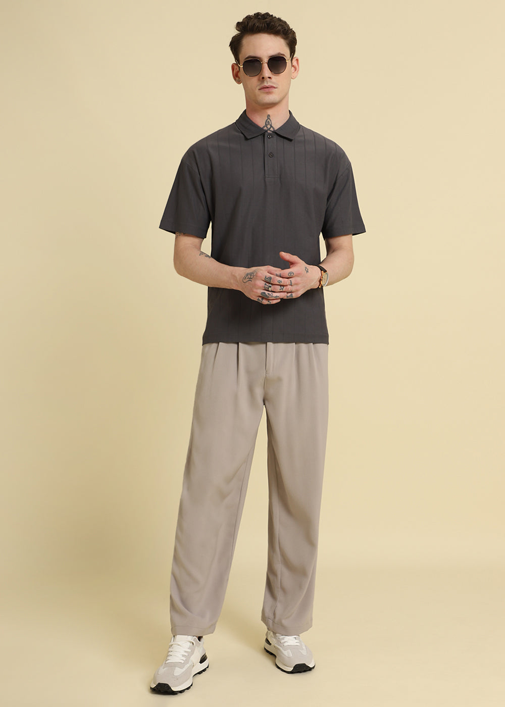 Magnetic Grey Plain Striped Polo T-shirt