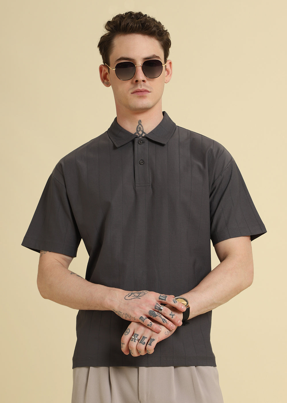 Magnetic Grey Plain Striped Polo T-shirt