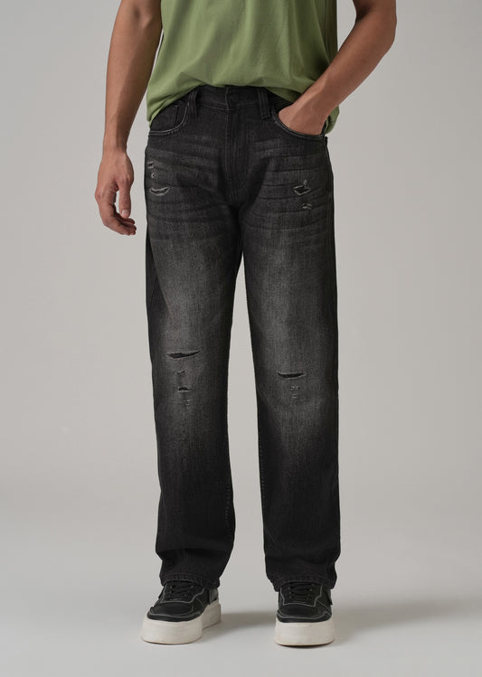 Mid Fade Ribbed Black Straight Fit Jeans