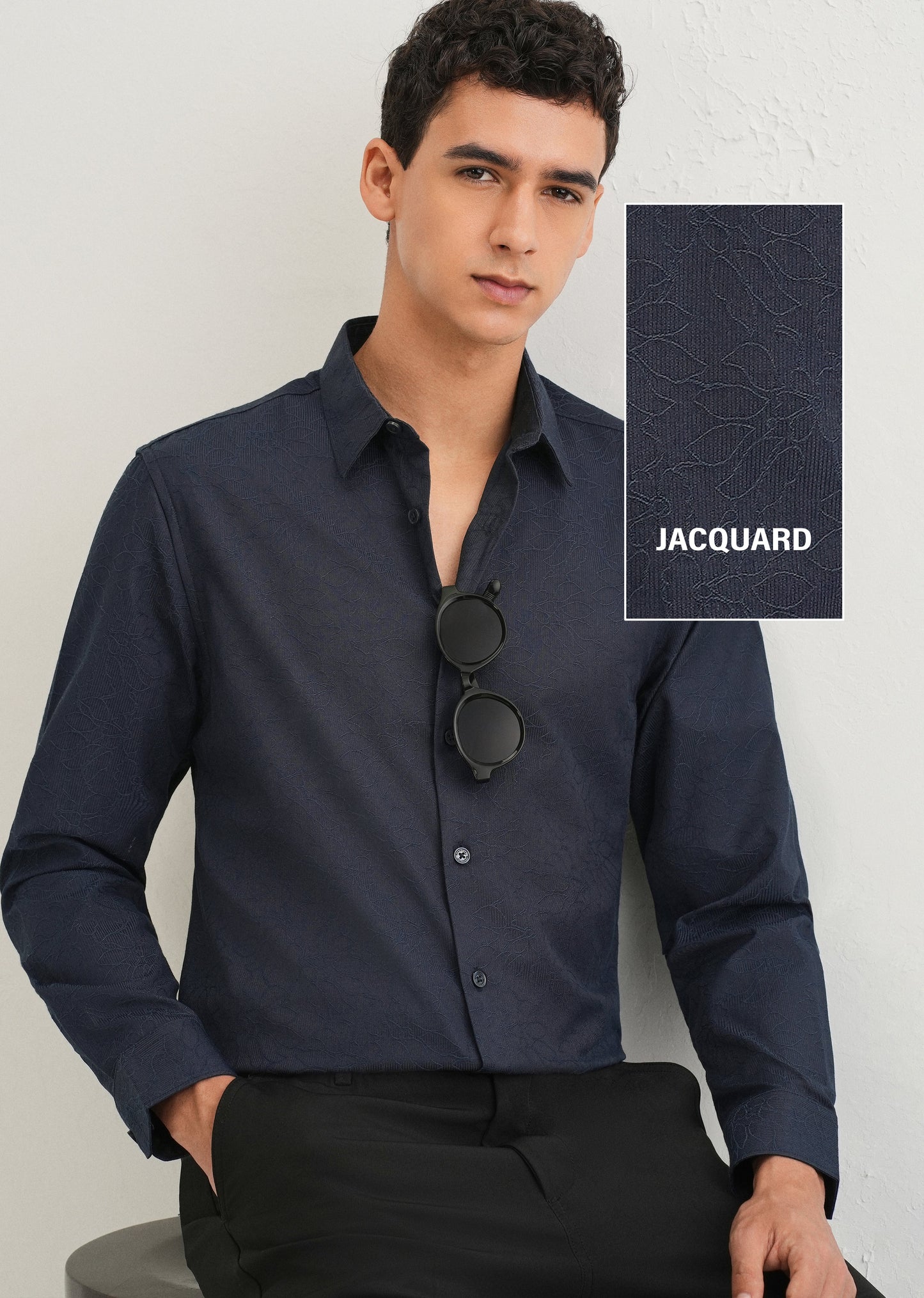 Navy Blue Floral Jacquard Shirt