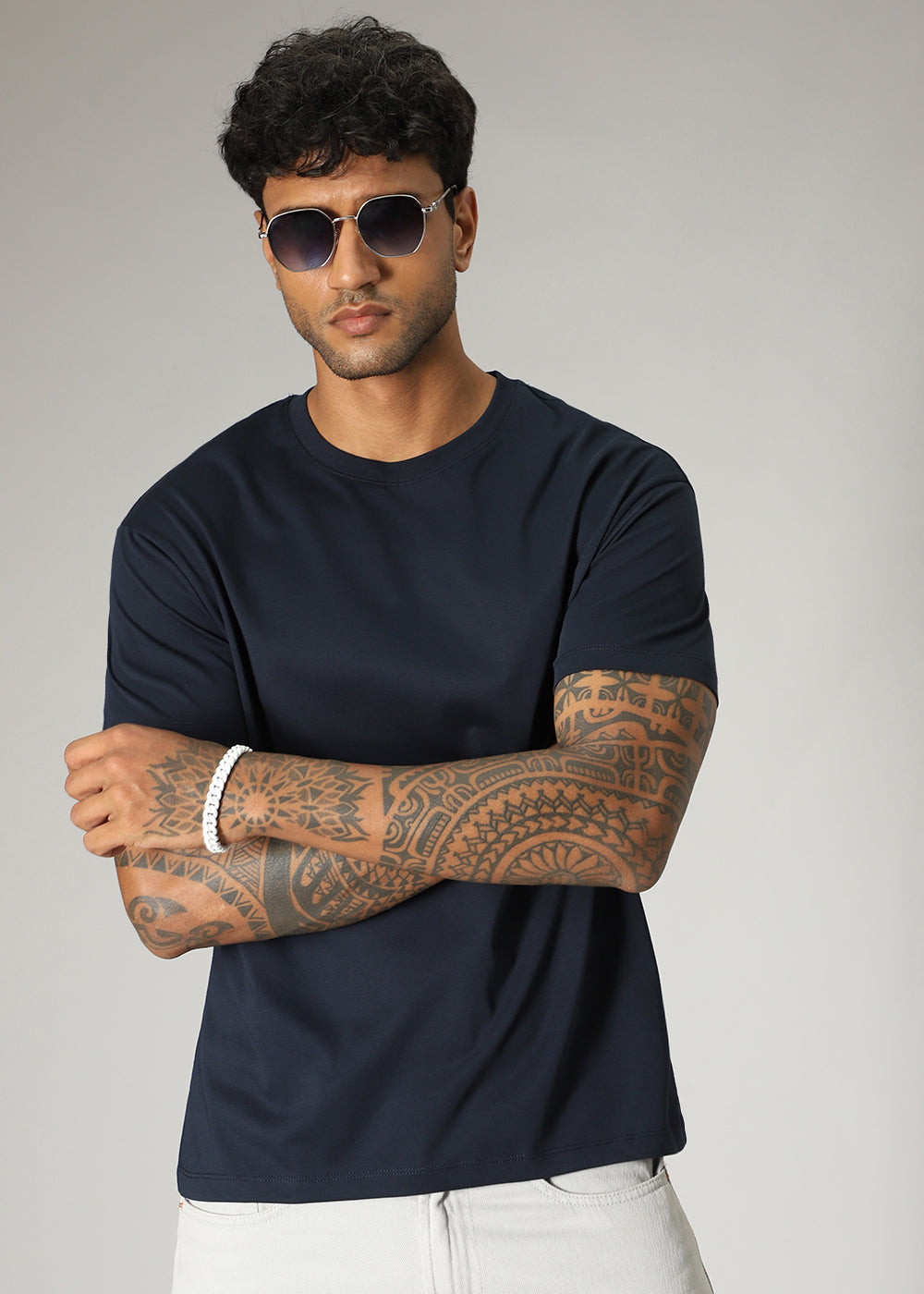 Navy Blue Plain Regular Fit T-shirt
