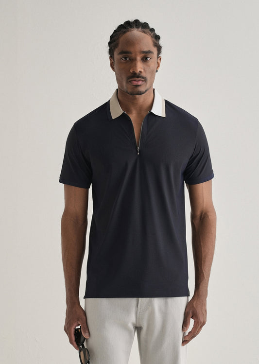 Navy Blue Zipper Polo Collar Seamless T-shirt
