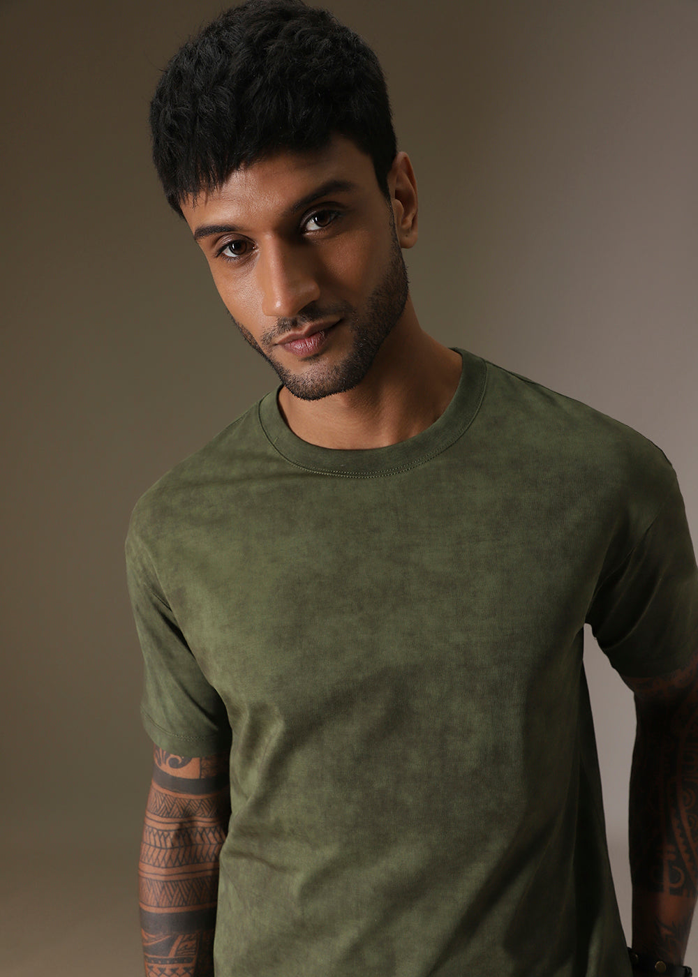 Olive Green Plain Crew Neck T-Shirt