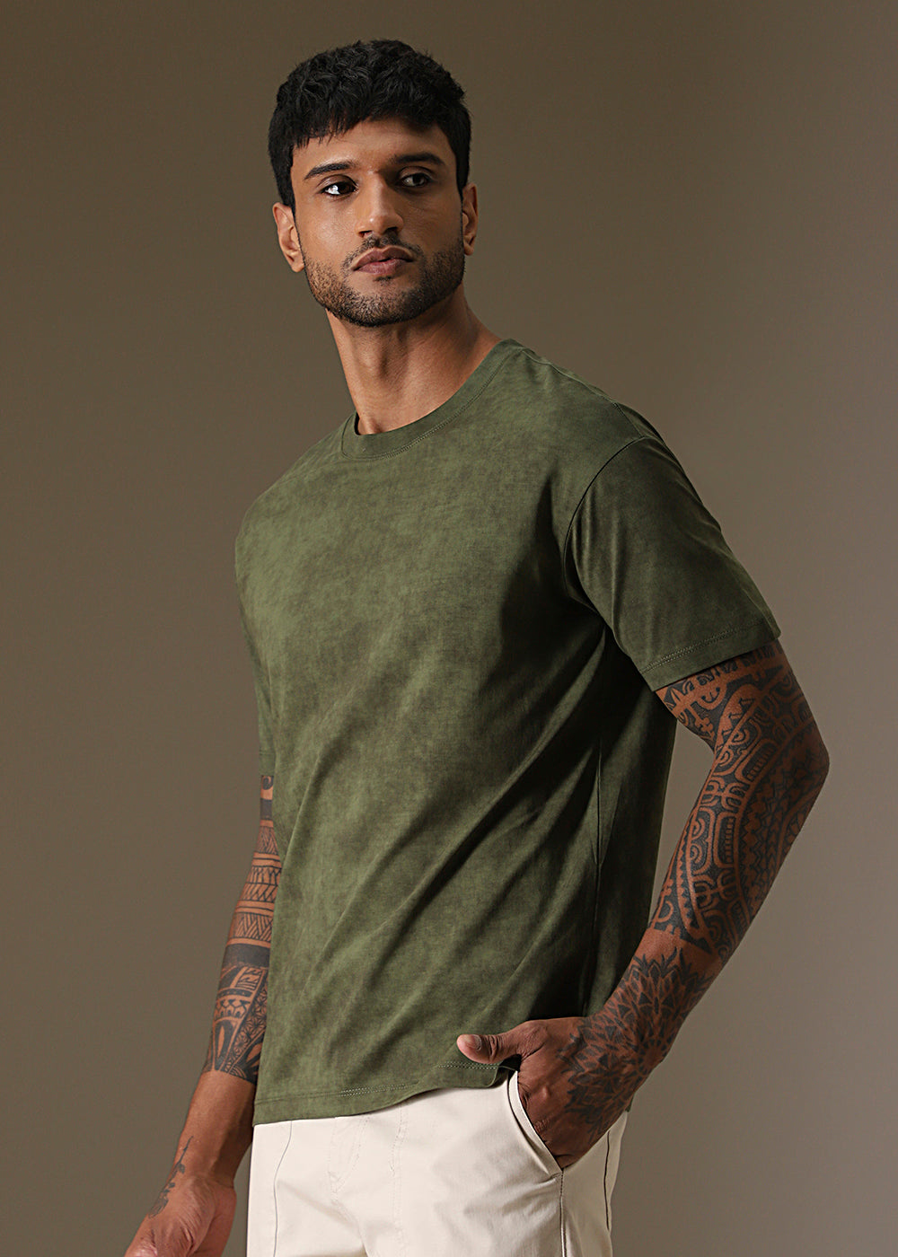Olive Green Plain Crew Neck T-Shirt
