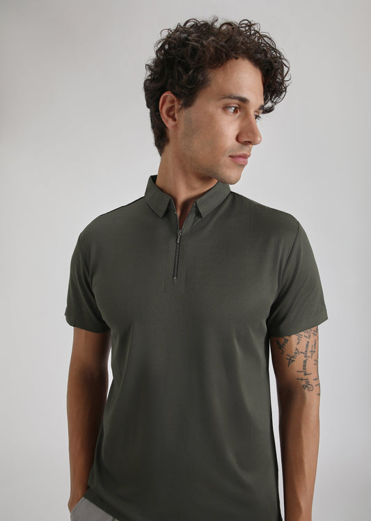 Olive Plain Zipper Stitchless Polo T-shirt