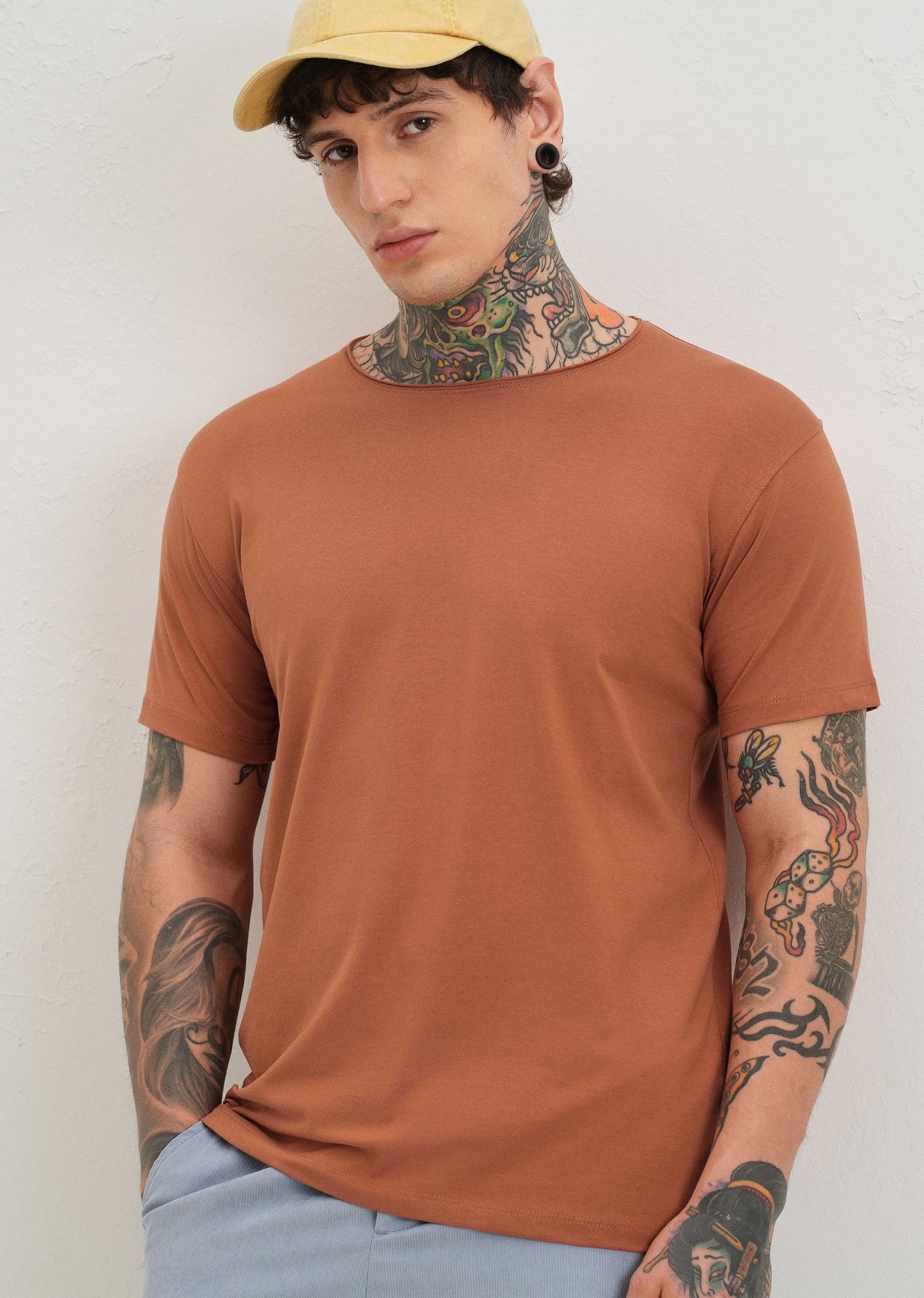 Orange Plain Crew neck T-shirt