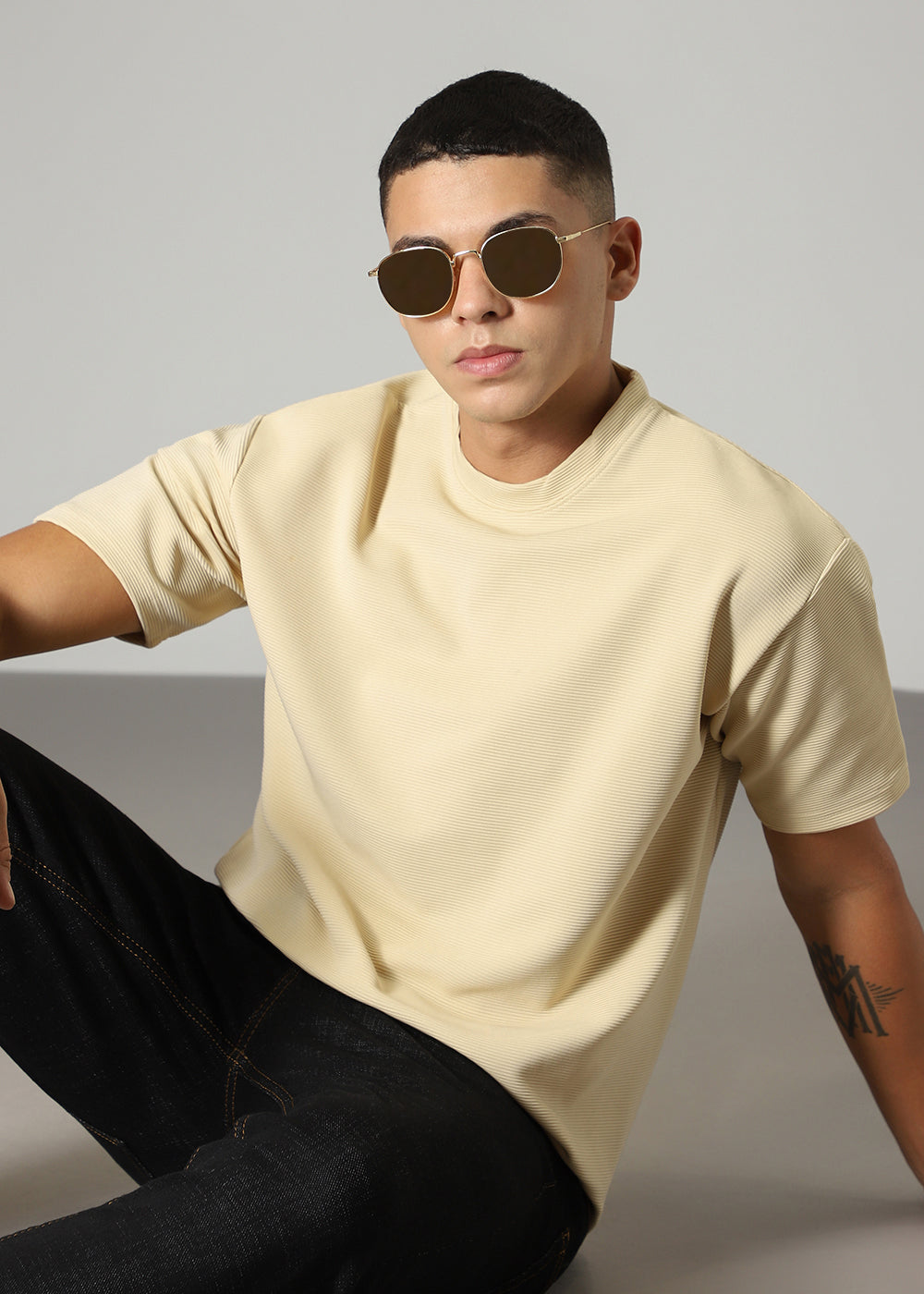 Oversized Cream Plain Textured T-shirt