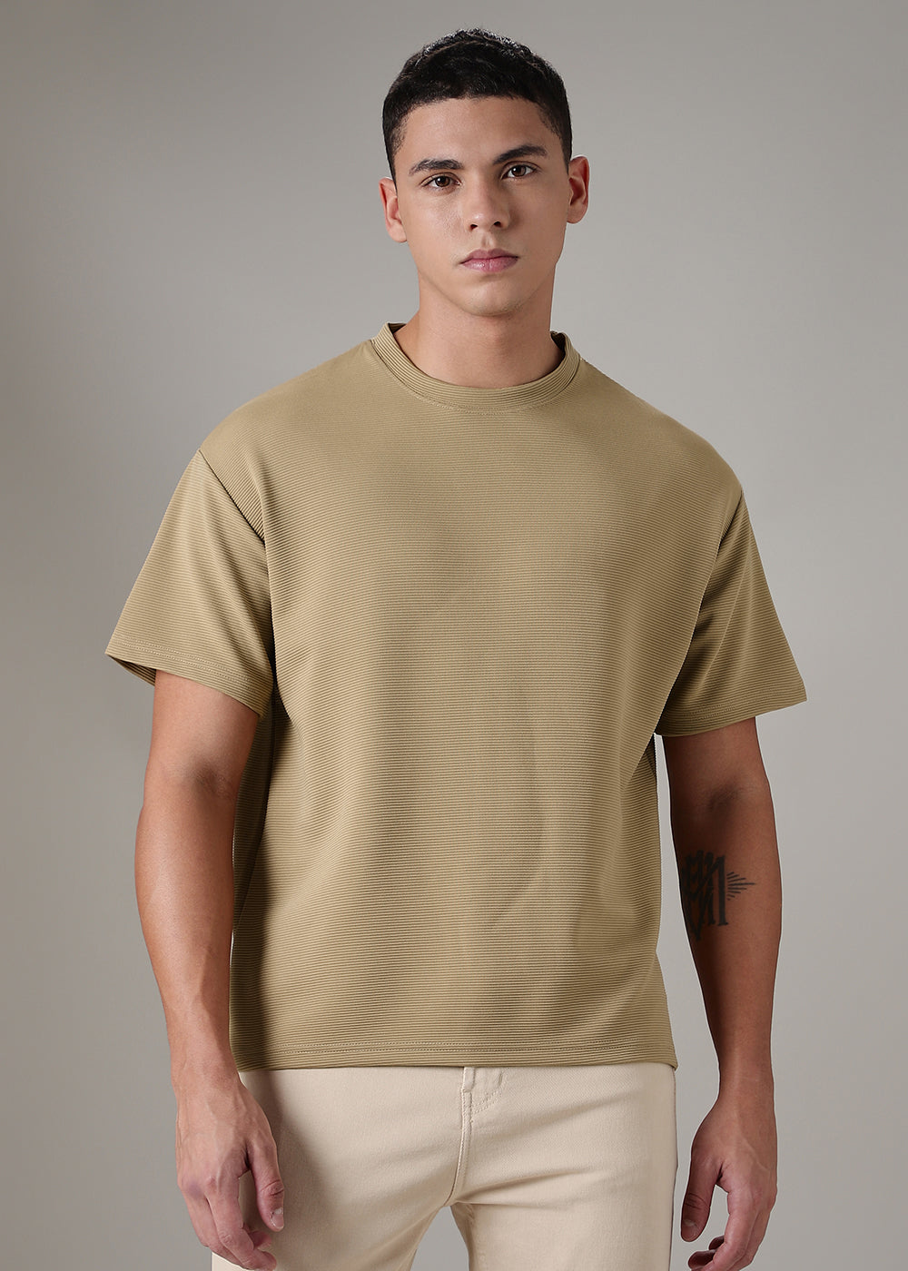 Oversized Beige Plain Textured T-shirt