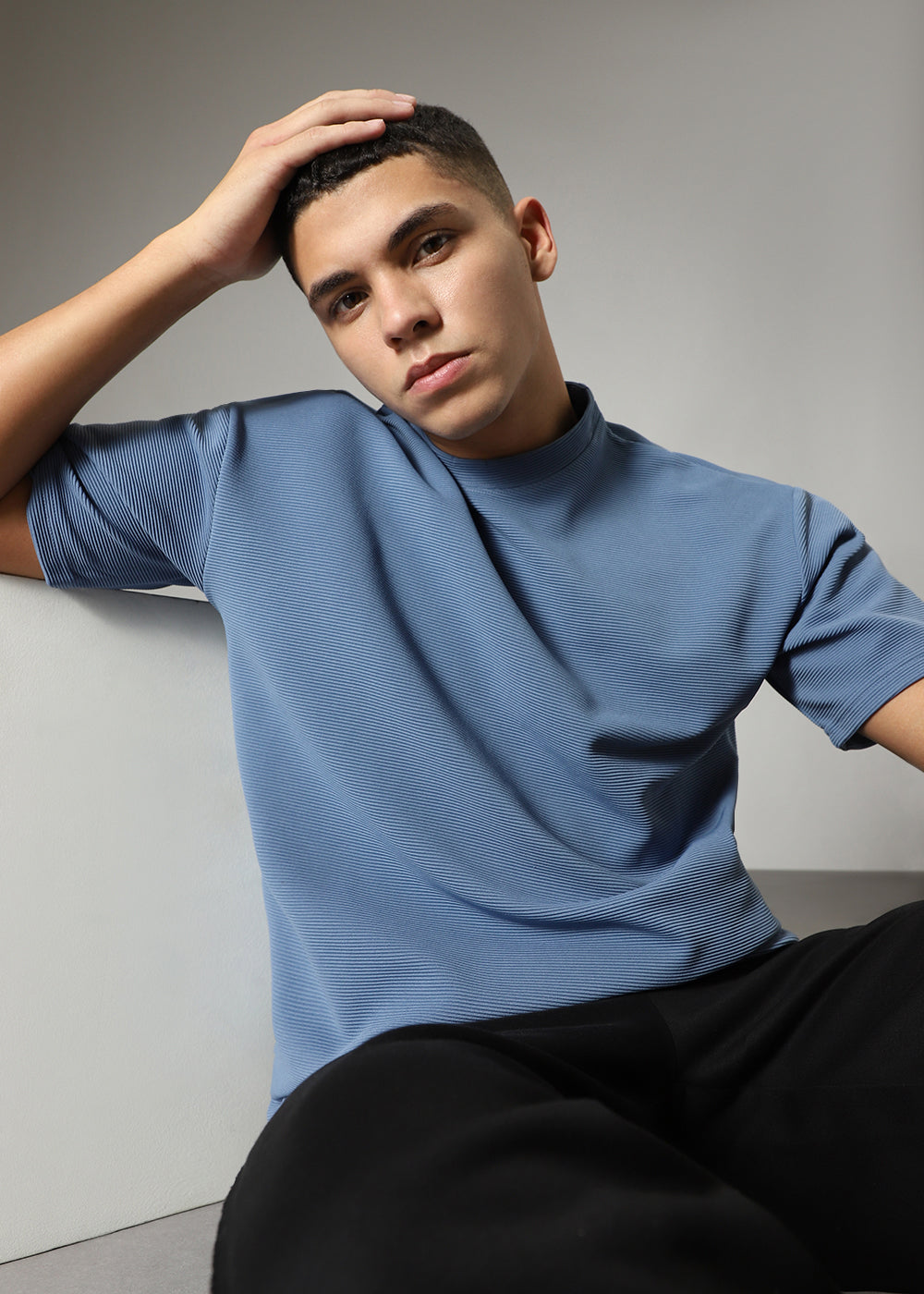 Oversized Blue Plain Textured T-shirt