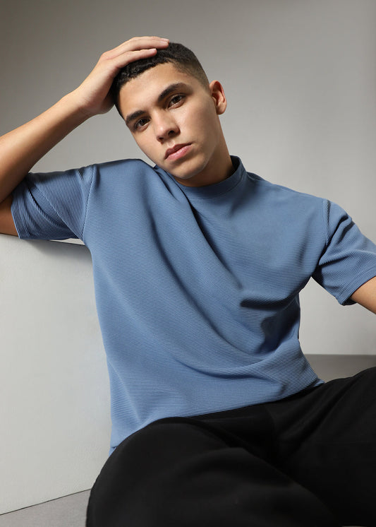 Oversized Blue Plain Textured T-shirt