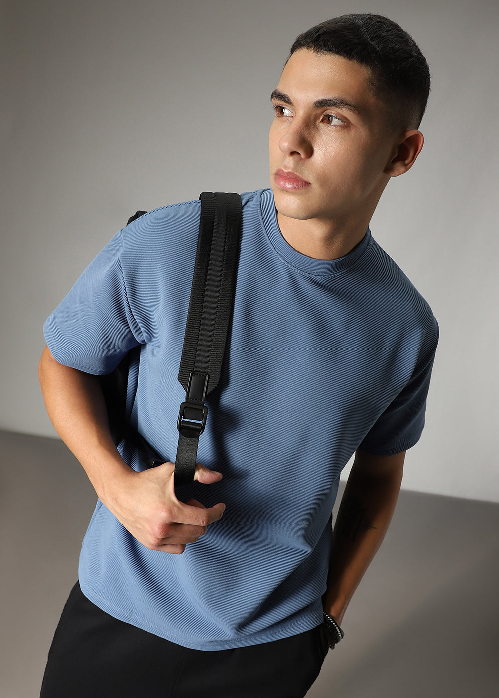 Oversized Blue Plain Textured T-shirt