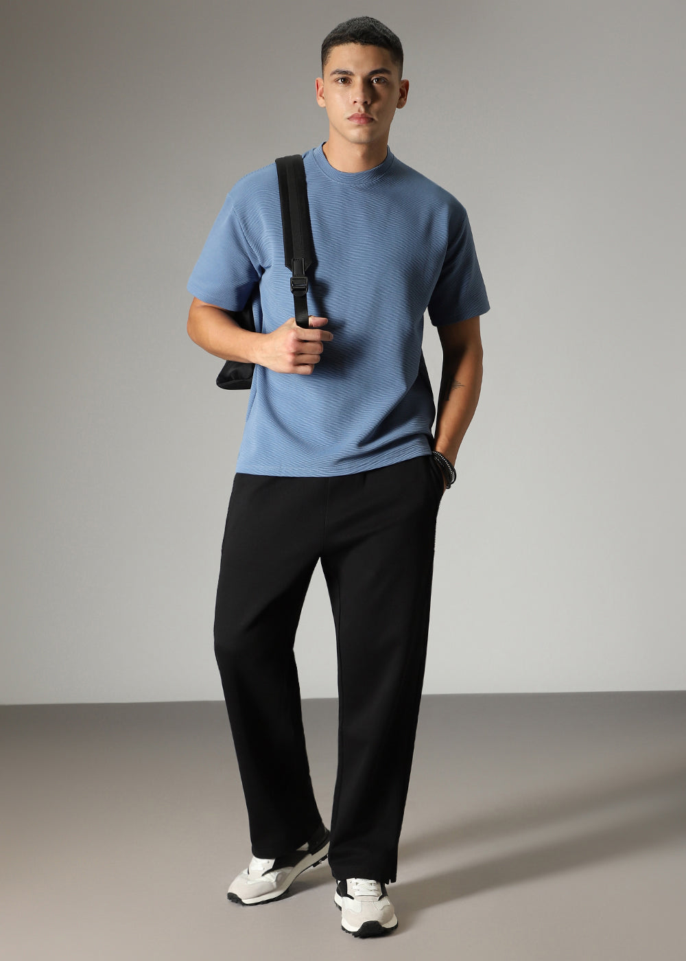 Oversized Blue Plain Textured T-shirt