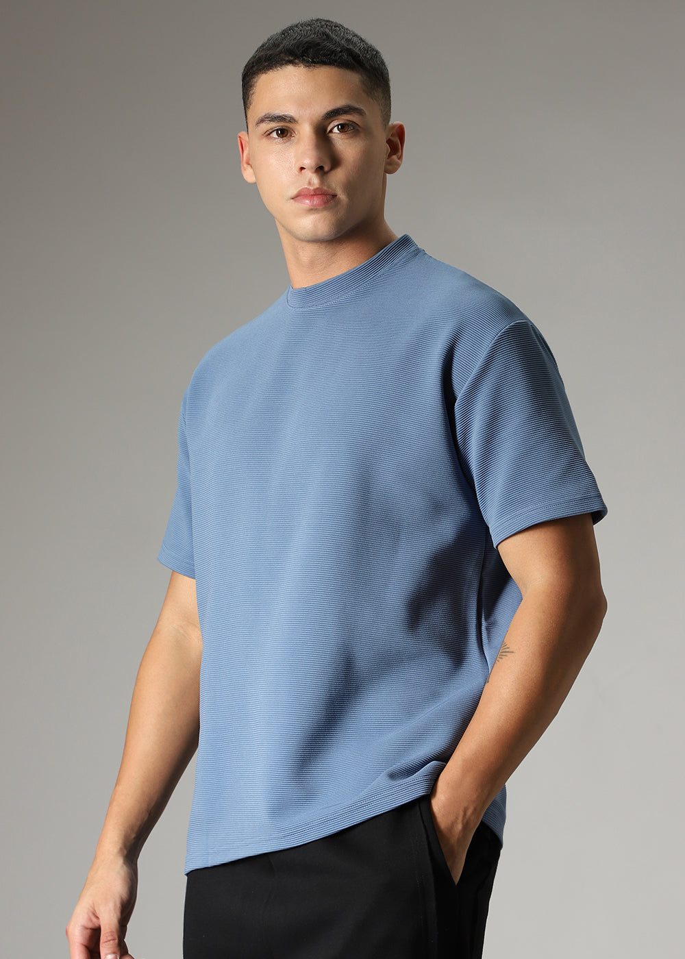 Oversized Blue Plain Textured T-shirt