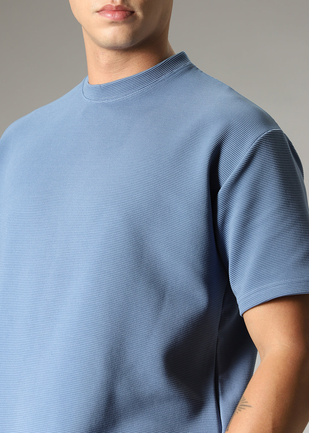 Oversized Blue Plain Textured T-shirt