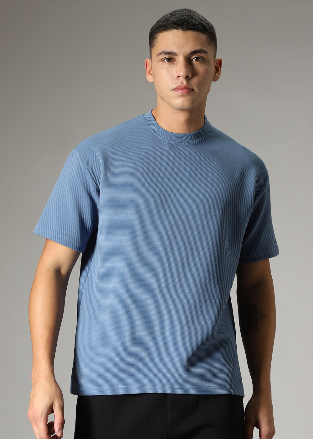 Oversized Blue Plain Textured T-shirt