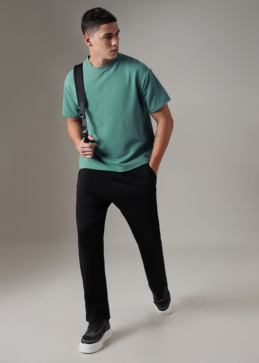 Oversized Bottle Green Plain Textured T-shirt