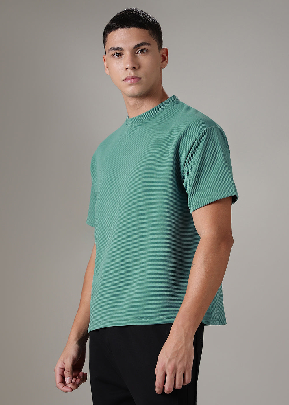 Oversized Bottle Green Plain Textured T-shirt