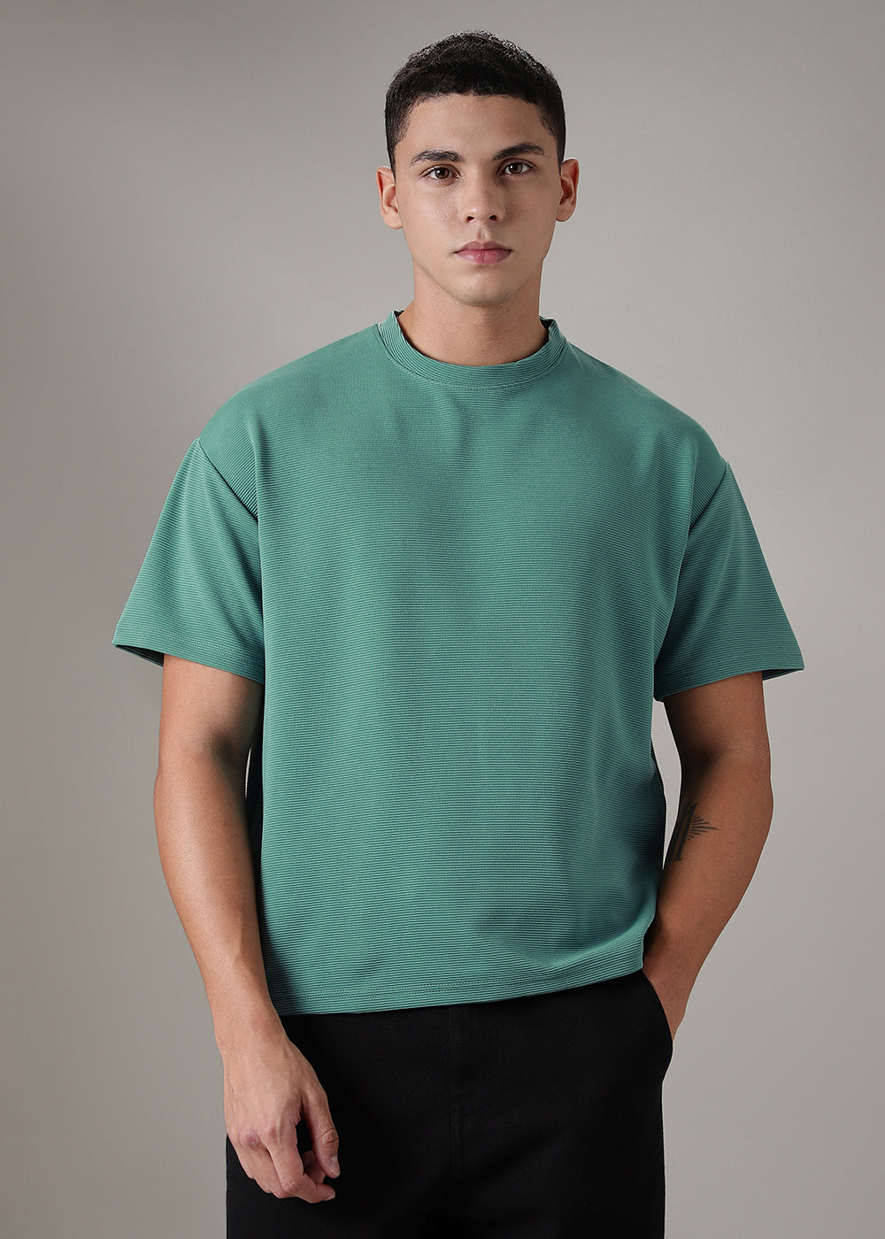 Oversized Bottle Green Plain Textured T-shirt
