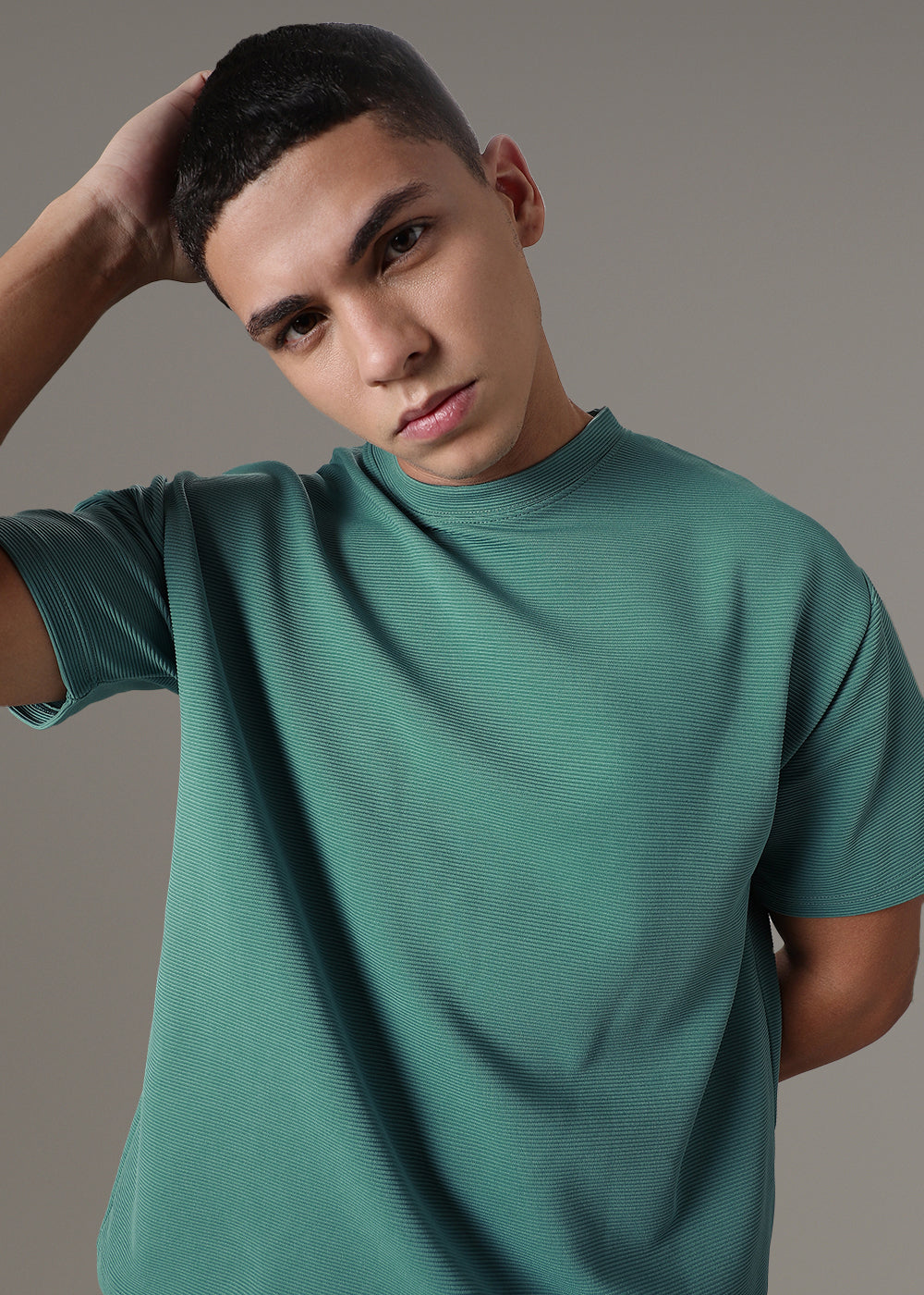 Oversized Bottle Green Plain Textured T-shirt