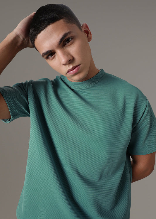 Oversized Bottle Green Plain Textured T-shirt