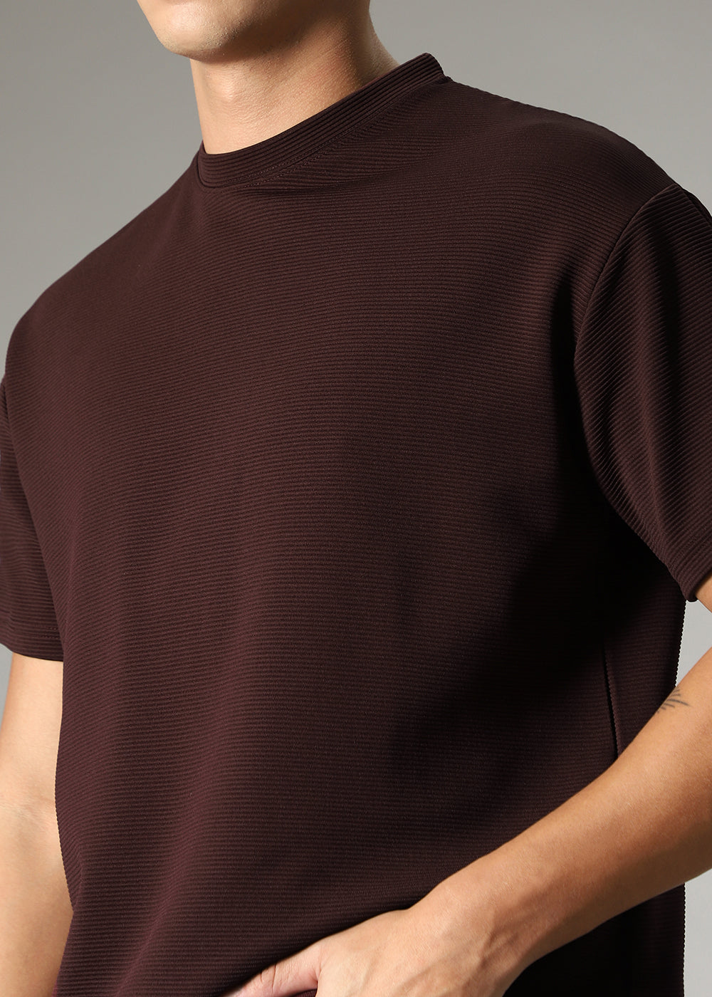 Oversized Brown Plain Textured T-shirt