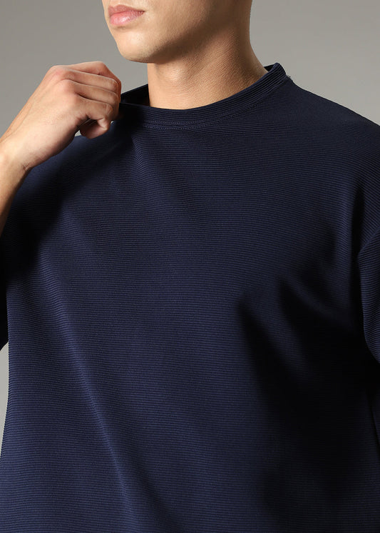 Oversized Navy Blue Plain Textured T-shirt