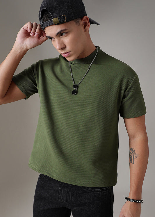 Oversized Olive Green Plain Textured T-shirt