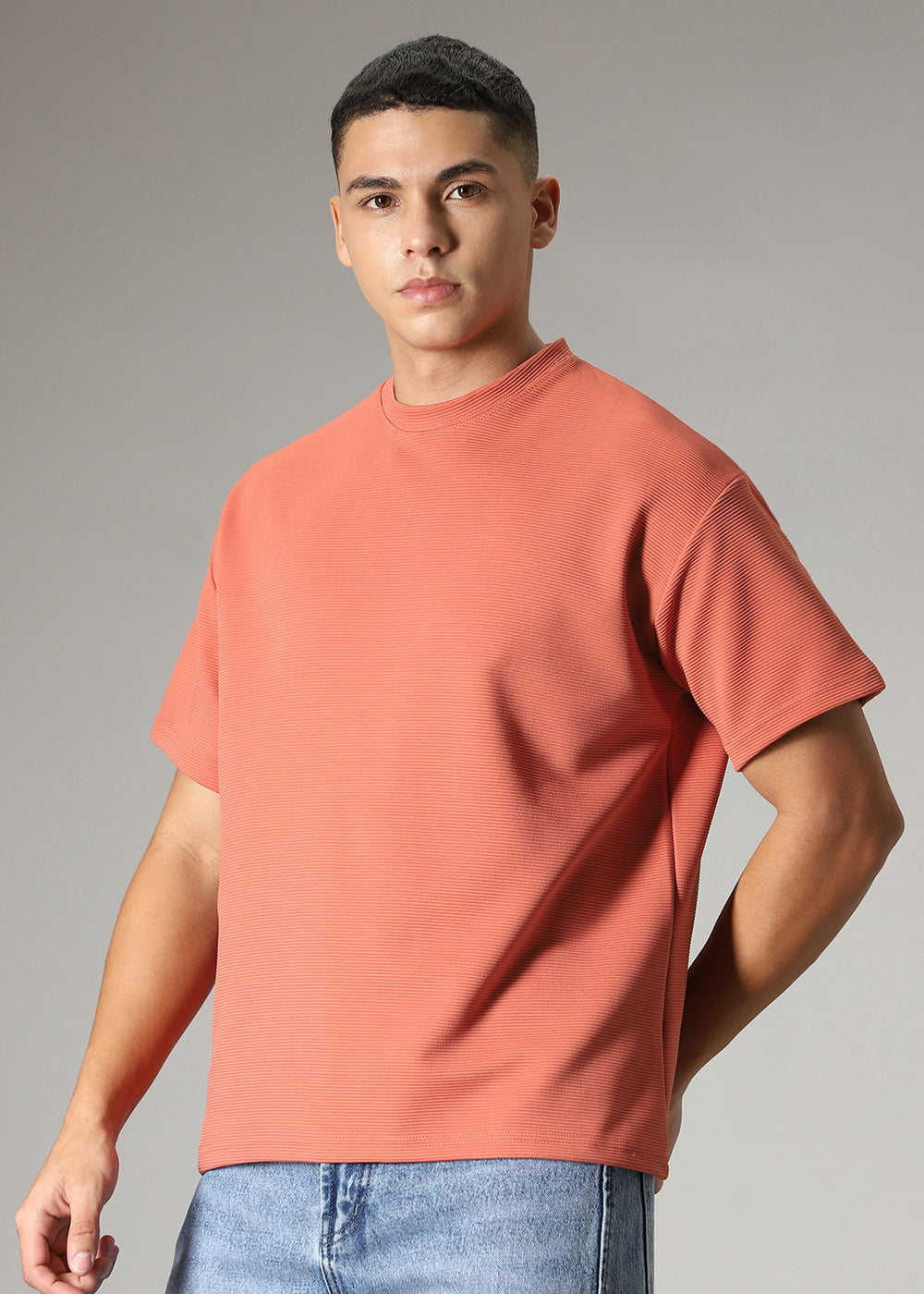 Oversized Orange Plain Textured T-shirt
