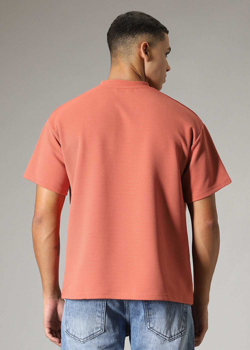 Oversized Orange Plain Textured T-shirt