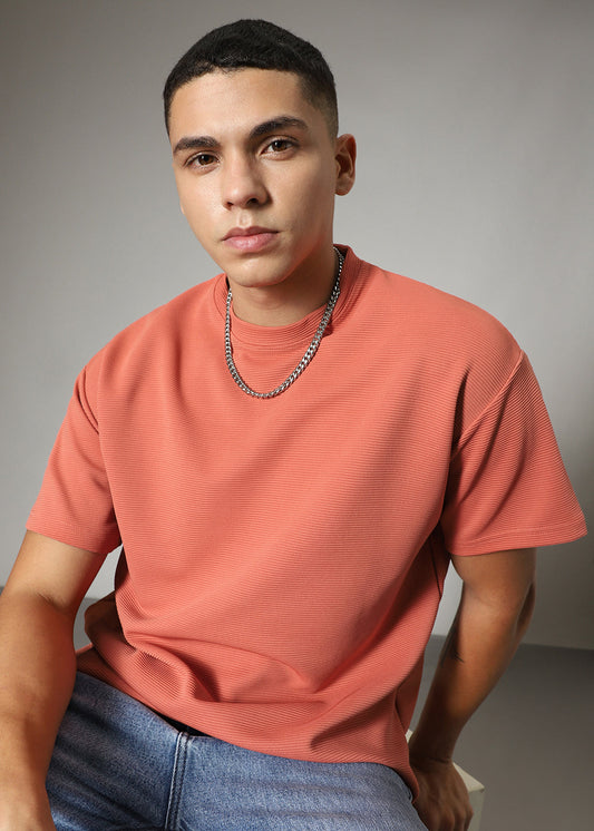 Oversized Orange Plain Textured T-shirt