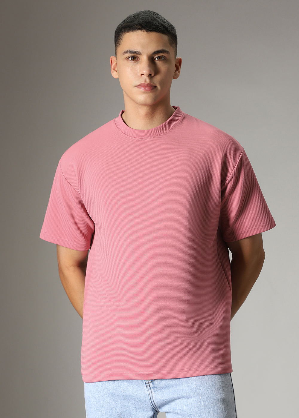 Oversized Pink Plain Textured T-shirt