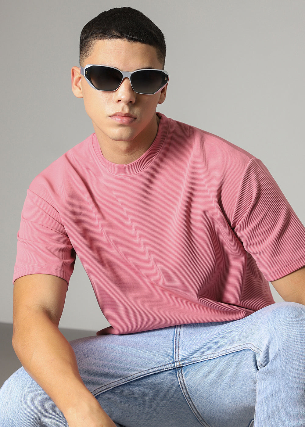 Oversized Pink Plain Textured T-shirt