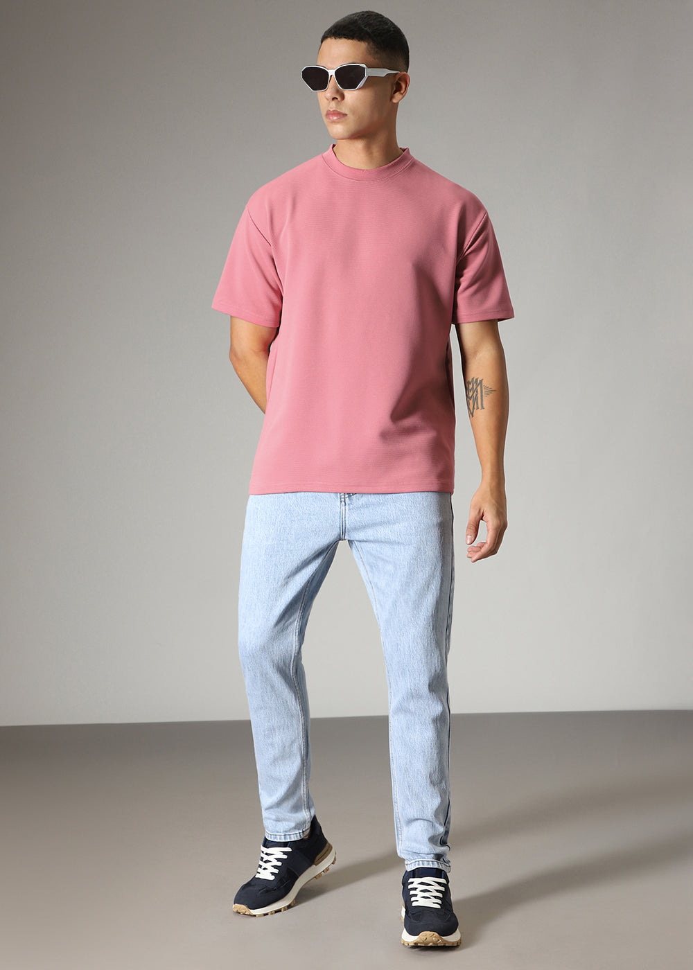 Oversized Pink Plain Textured T-shirt
