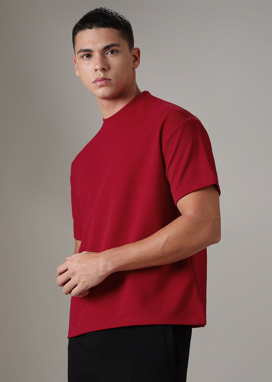 Oversized Red Plain Textured T-shirt