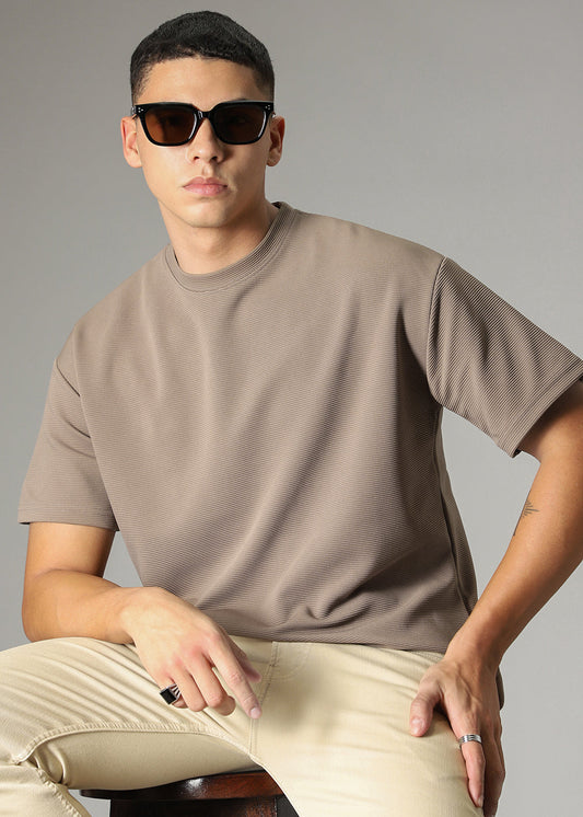 Oversized Tan Brown Plain Textured T-shirt