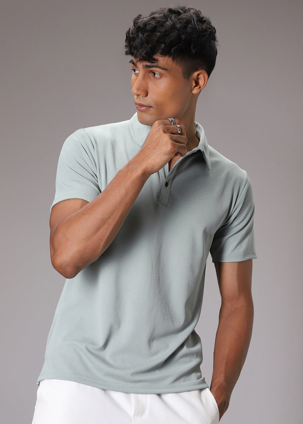 Pastel Green Plain Ribbed Polo T-shirt
