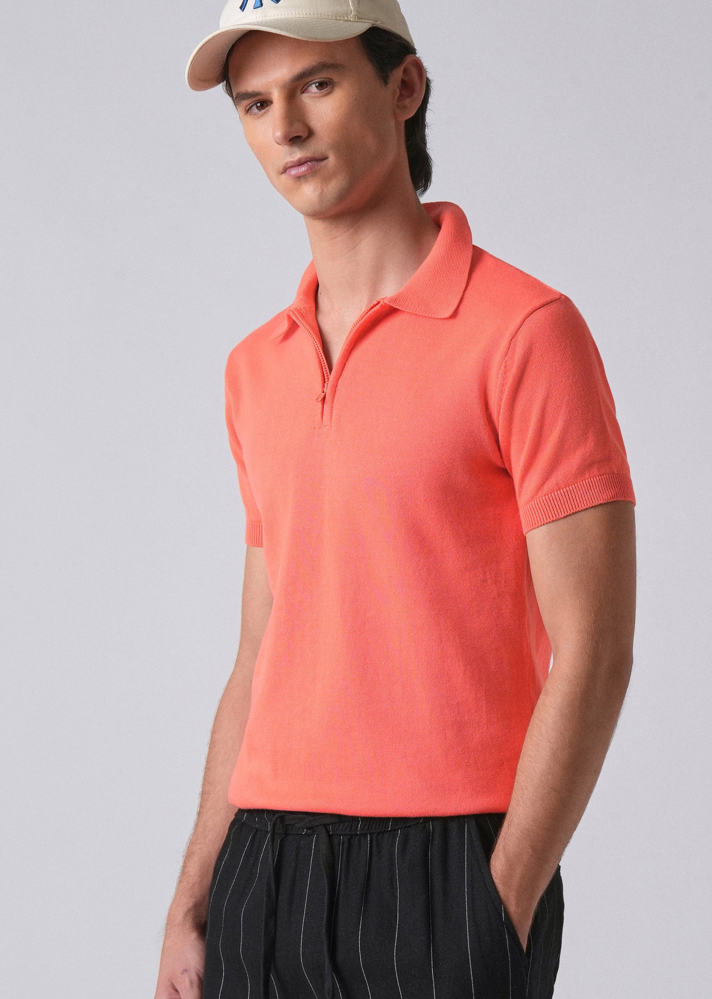 Peach Knitted Polo Zipper T-shirt