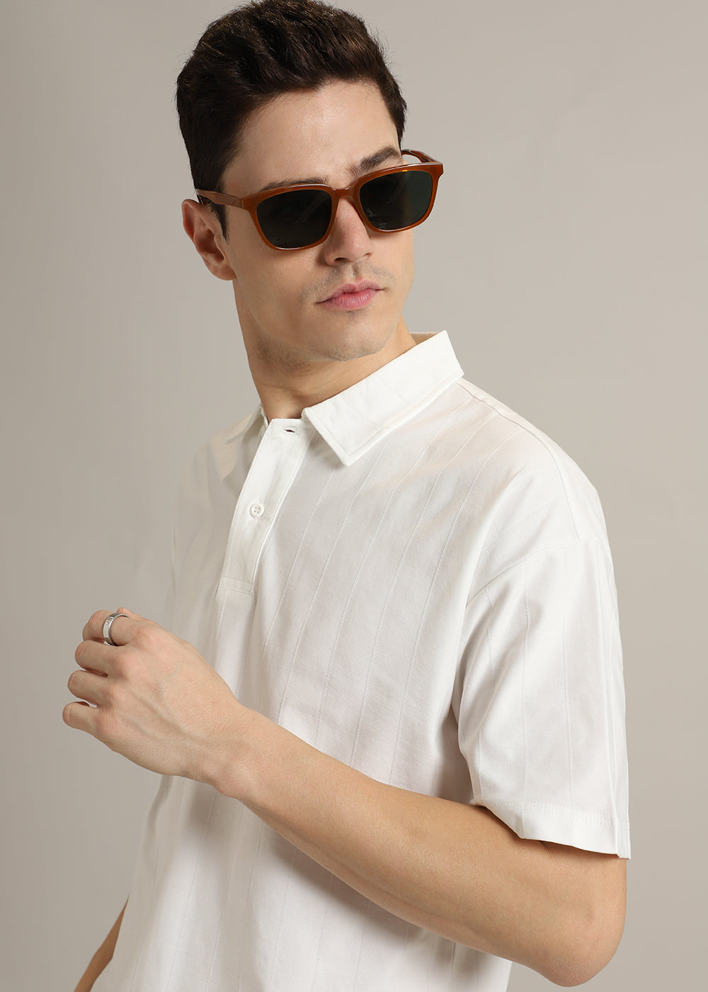 Striped White Plain Polo T-Shirt