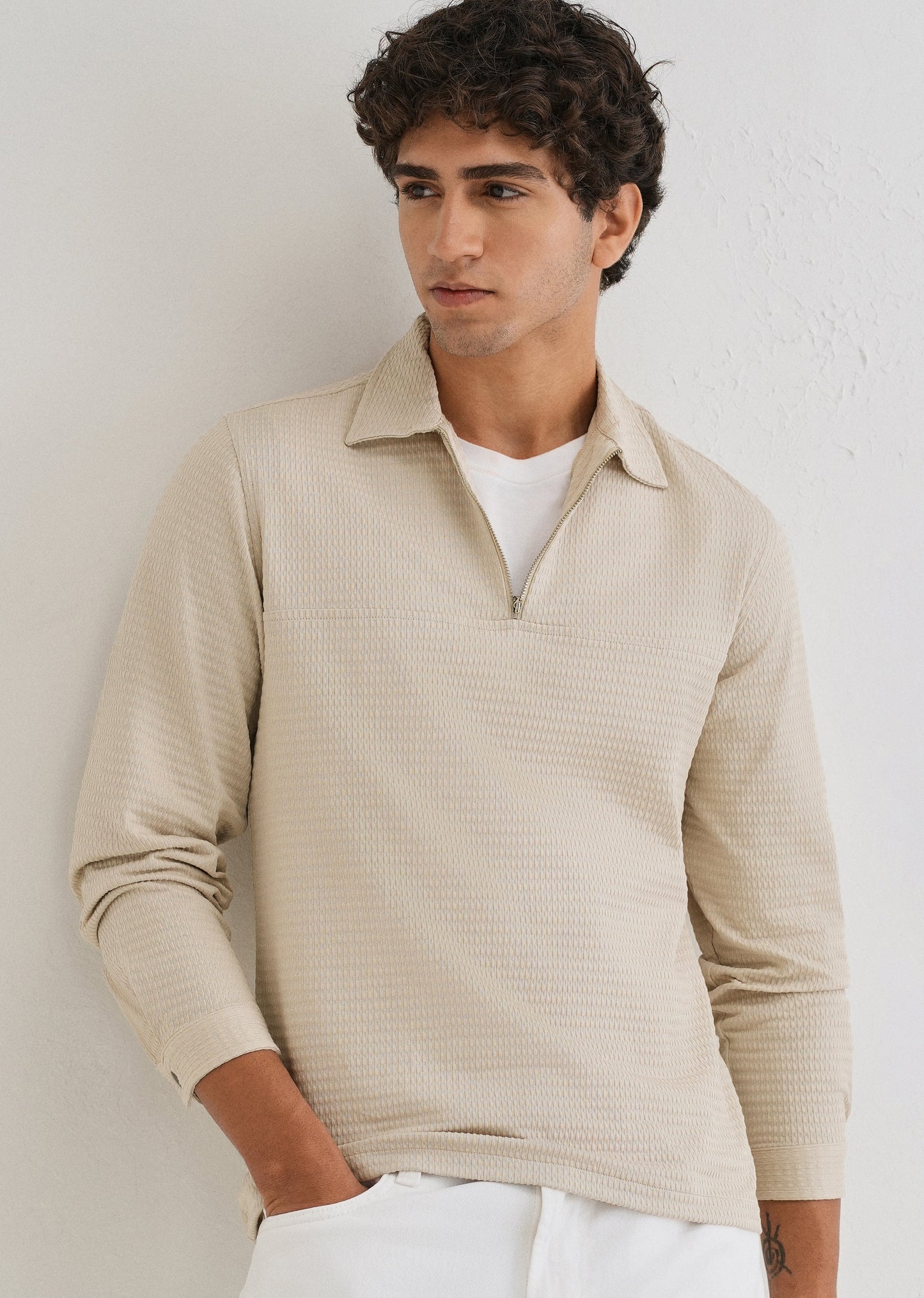 Tan Zipper Polo Knit T-shirt